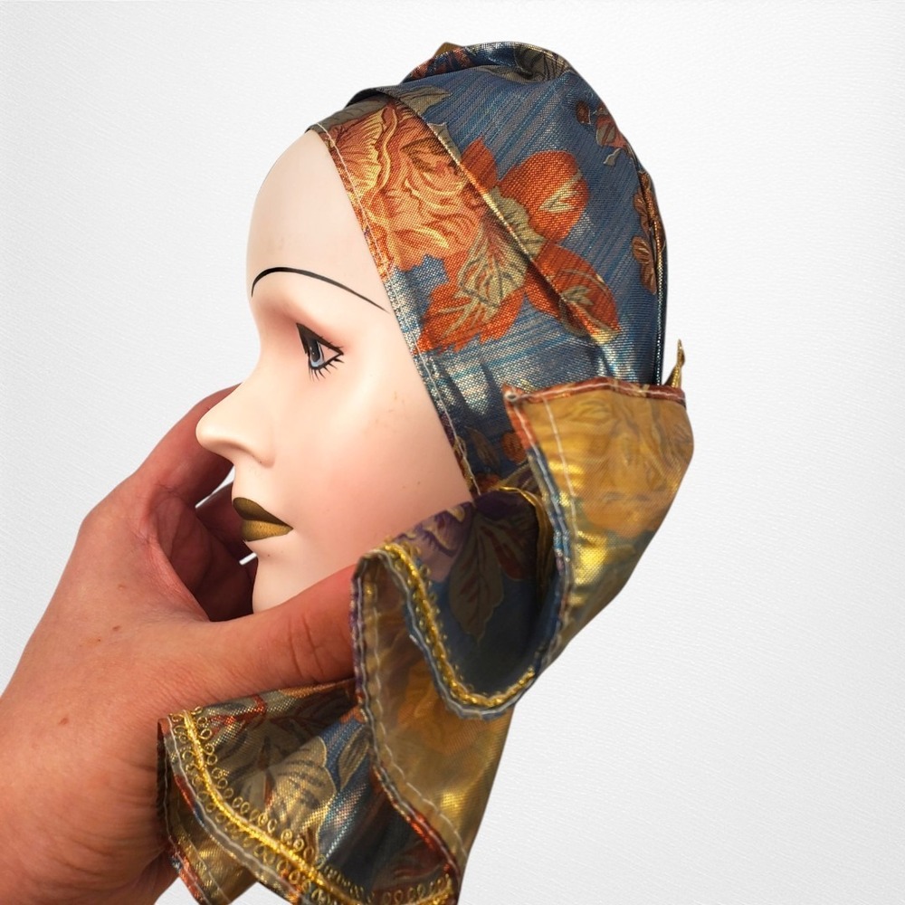 Vintage Porcelain Venetian Carnival Wall Hanging Mask Gold Blue Floral Brocade - Picture 4 of 8